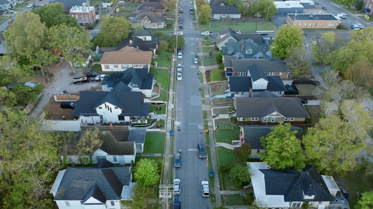 Aerial view of a tree-lined residential street with single-family homes